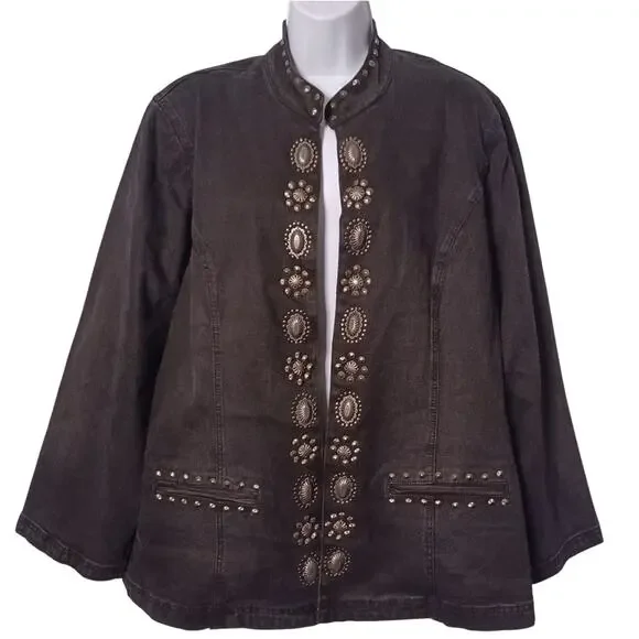 DG2 by Diane Gilman Black Denim Jeans Jacket With Silver Details. 2X - Picture 5 of 13